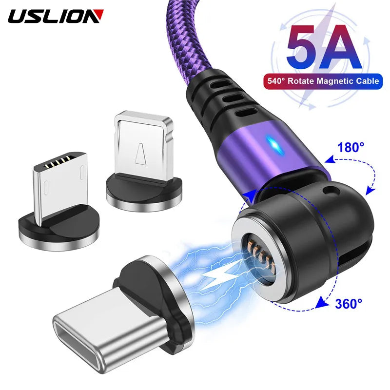 USLION-540, Carregador de ímã Magnético com Carregamento Rápido, com fio USB - (Micro USB; USB Tipo C; IOS).